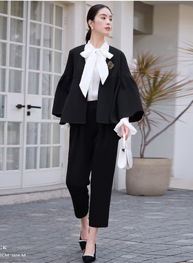 两件套长裤子新款长袖西装外套哈伦裤休闲宽松西装套装女士88623