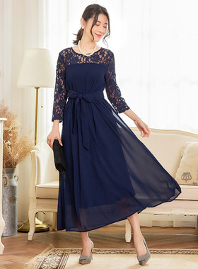 雪纺连衣裙子女士拼接蕾丝长裙婚礼宴会日常可穿小礼服长款88529