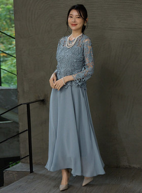 时尚款长袖圆领蕾丝连衣裙子女士夏季长款礼服春秋雪纺长裙88810
