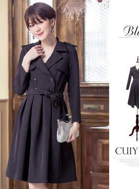 黑色西装领长袖连衣裙子女士春秋款A字裙短裙冬季打底内搭裙88052
