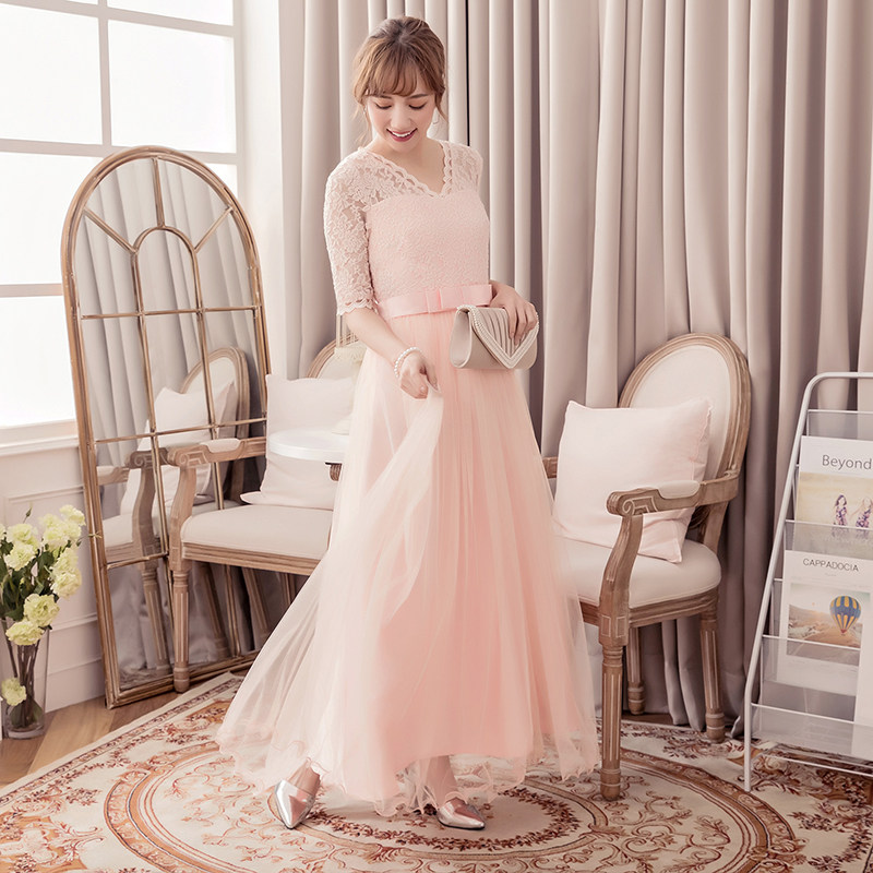 夏季粉色蕾丝连衣裙女仙女裙长裙子婚礼伴娘服姐妹团小礼服88136