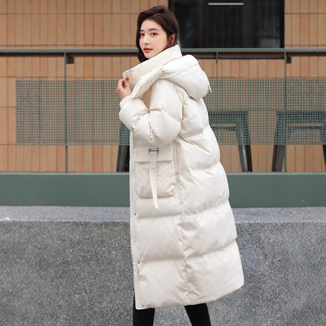 来此购 女士冬季可拆卸帽加厚中长款羽绒服大衣保暖连帽羽绒外套