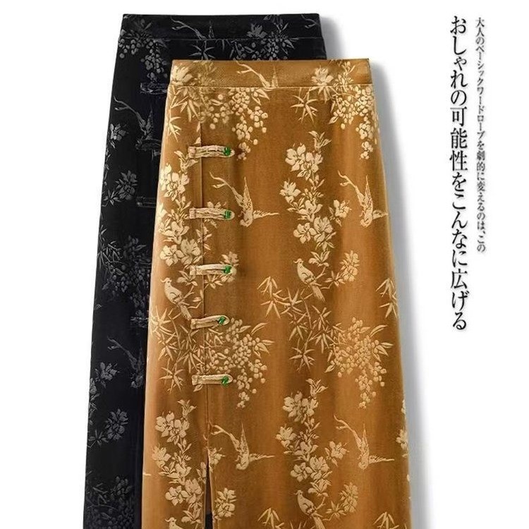 来此购 女士新中式裙子国风复古盘扣提花半身裙女秋季金丝绒开叉