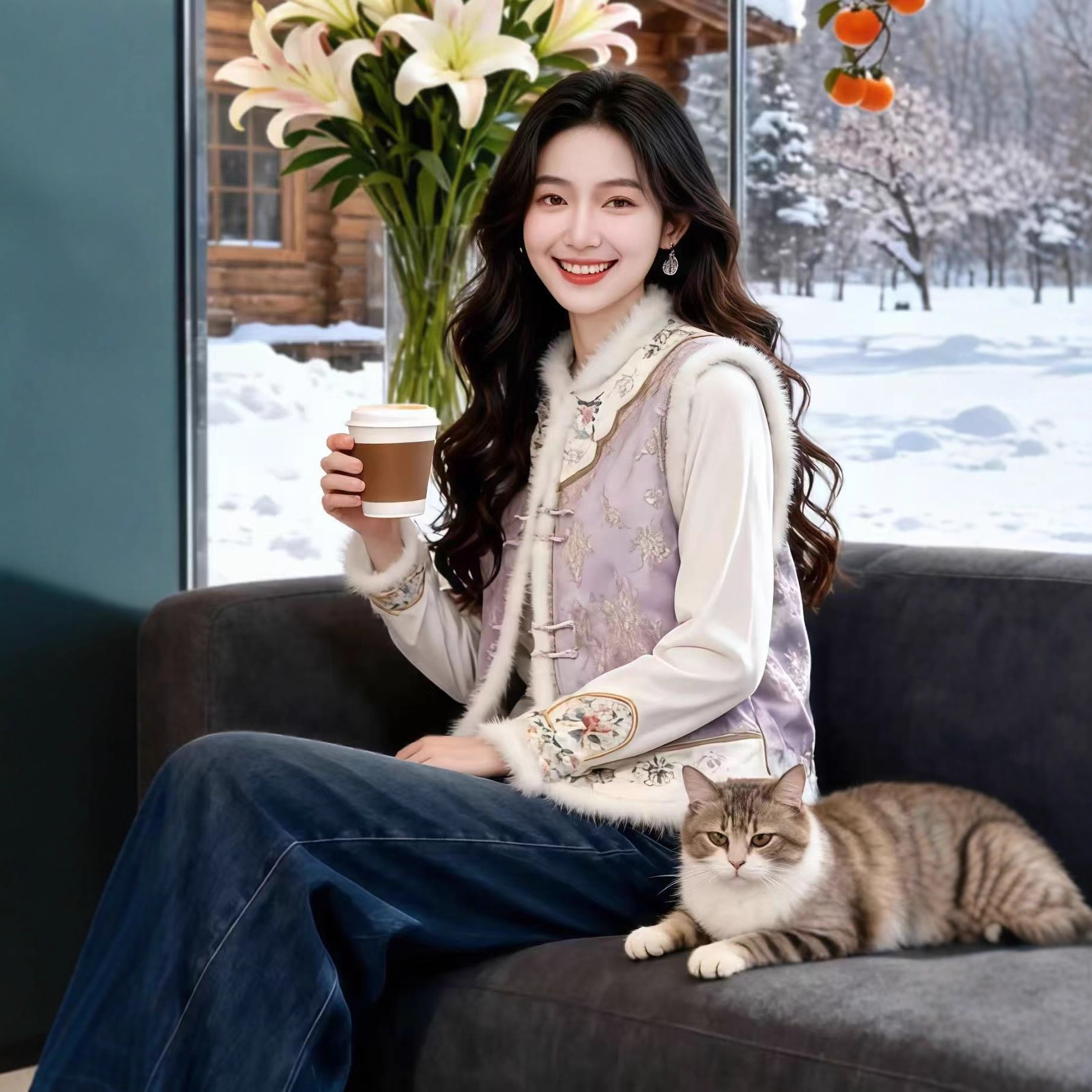 来此购 女士2025新款新中式国风重工刺绣缎面提花拼毛毛夹棉马甲