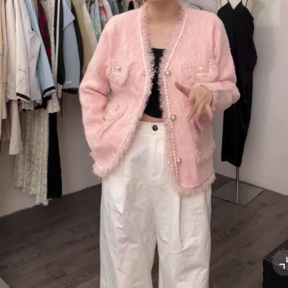 448粉色小香风外套女韩版宽松名媛法式外搭甜美加厚针织毛衣开衫
