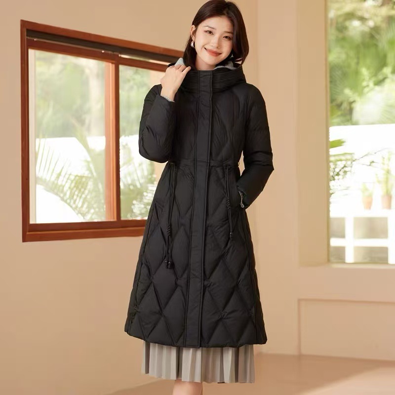 来此购 女士冬季时尚气质洋气保暖连帽中长款羽绒服收腰显瘦大衣