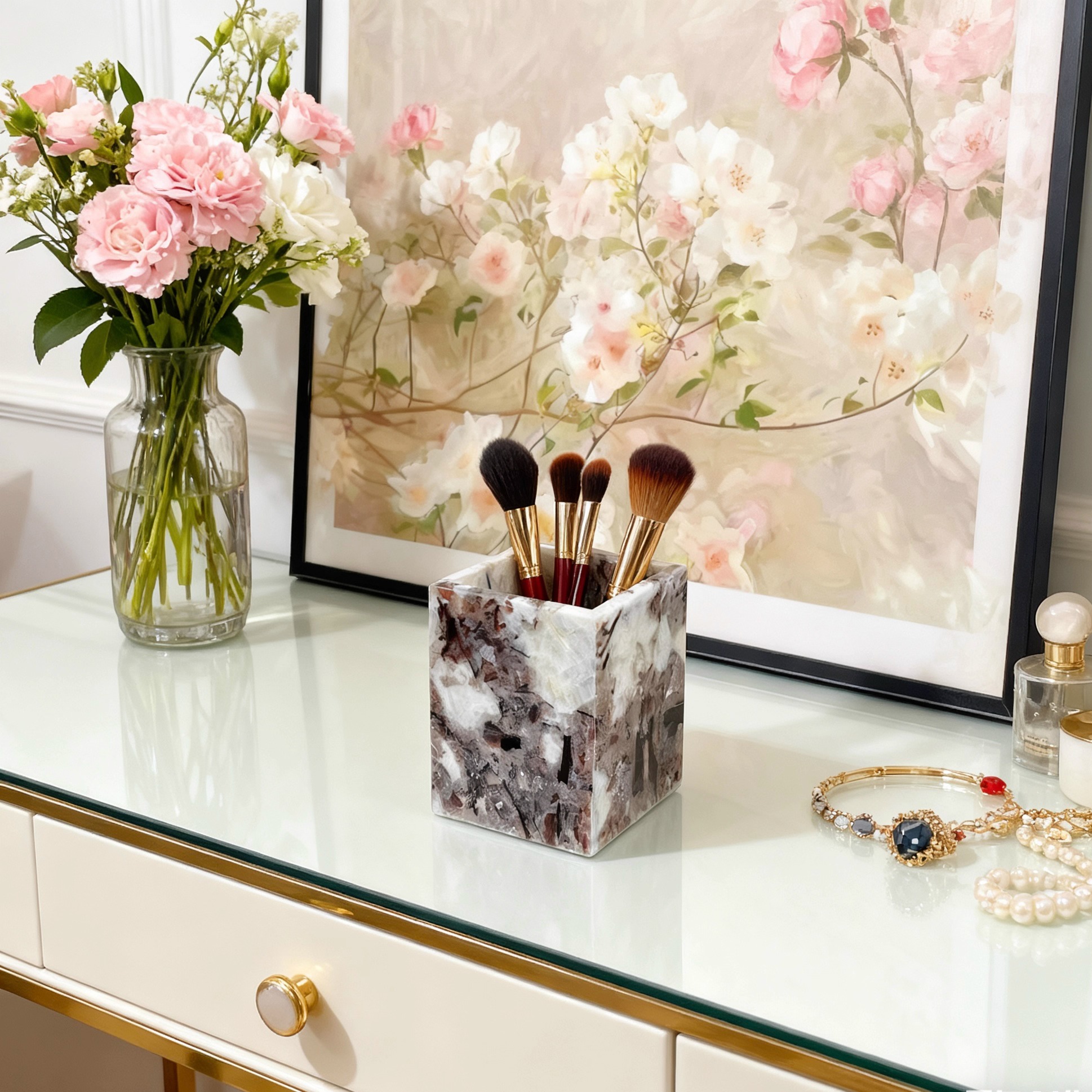 天然大理石笔筒化妆刷桶