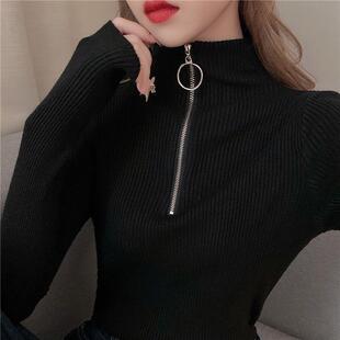 半高领打底衫秋新款纯色长袖t恤女韩版修身性感显瘦大码上衣