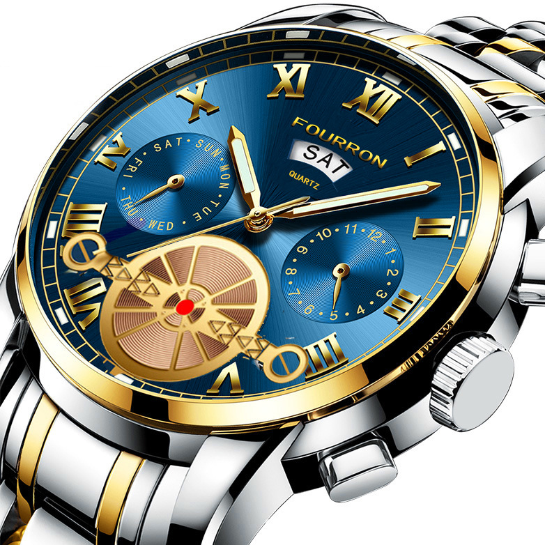 新款翡浪手表男潮流时尚陀飞轮男士石英钢带多功能非机械男防水