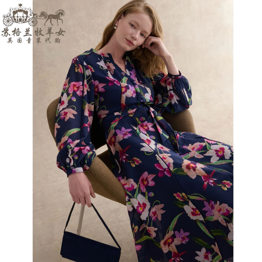 英国Hobbs代购 女装26春夏新款 蓝色印花长袖V领中长裙连衣裙子