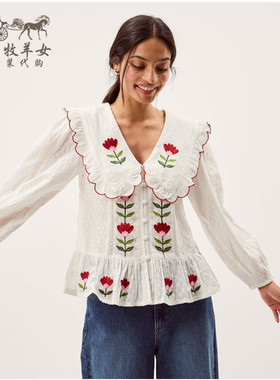 英国Monsoon代购 女装26春新款 英伦白色绣花百搭长袖T恤衬衫上衣