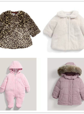 现货英国mamas&papas女童 豹纹毛绒 仿皮草 单排扣圆领 棉服外套