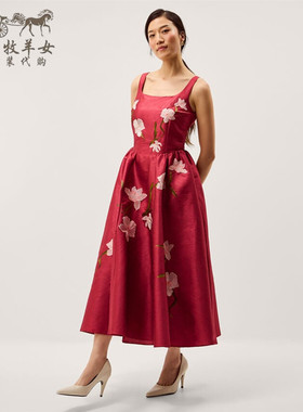 英国Monsoon代购 女装26春新款 红色绣花吊带礼服中长裙连衣裙子