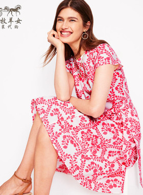 英国Boden代购 女装26春新款 粉色碎花纯棉短袖收腰中长裙连衣裙