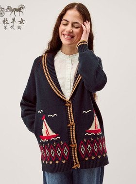 英国Monsoon代购 女装26春新款 英伦蓝色帆船长袖V领毛衣针织开衫