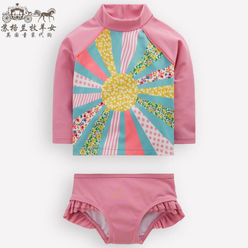 英国mini Boden童装代购 女童女婴26春夏 粉色长袖游泳衣泳裤套装