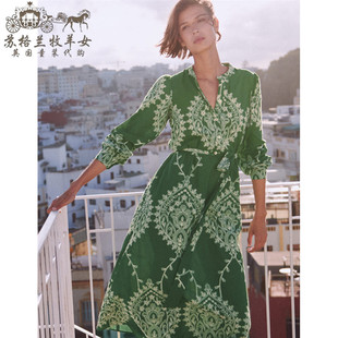 英国Boden代购 女装26春新款 绿色绣花长袖中长裙衬衫裙连衣裙子
