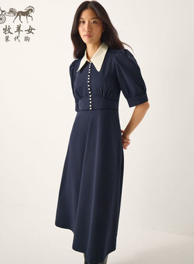 英国Monsoon代购 女装26春新款 蓝色短袖收腰中长衬衫裙连衣裙子