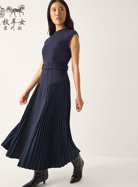 英国Monsoon代购 女装26春新款 蓝色百褶无袖收腰中长裙连衣裙子