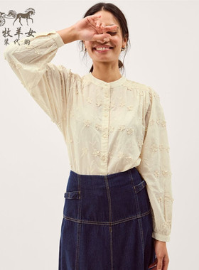 英国Monsoon代购 女装26春新款 英伦白色绣花百搭长袖T恤衬衫上衣