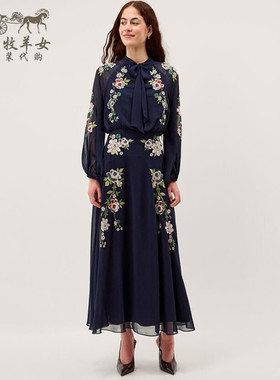 英国Monsoon代购 女装26春新款 蓝色绣花长袖礼服中长裙连衣裙子