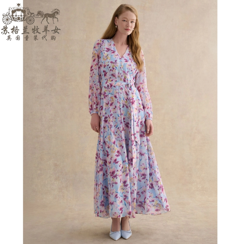 英国Hobbs代购 女装26春夏新款 蓝色印花长袖V领薄纱长裙连衣裙子