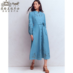 英国Boden代购 女装26春新款 蓝色绣花长袖亚麻A字中长裙连衣裙子