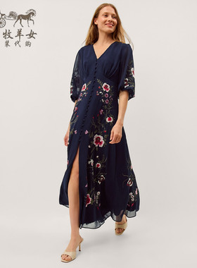英国Monsoon代购 女装26夏新款 蓝色绣花V领礼服裙中长裙连衣裙子