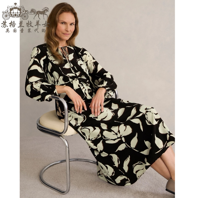 英国Hobbs代购 女装26春夏新款 黑色印花长袖休闲中长裙连衣裙子