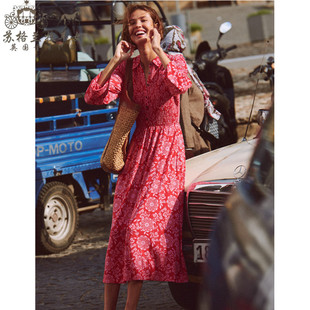 英国Boden代购 女装26春新款 红色碎花长袖中长裙衬衫裙连衣裙子