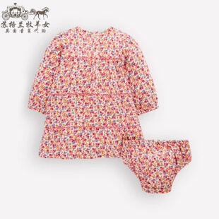 英国mini Boden童装代购 女童26春夏新 粉色碎花纯棉长袖连衣裙子