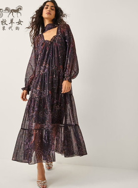 英国Monsoon代购 女装26春新款 复古紫色印花长袖中长裙连衣裙子