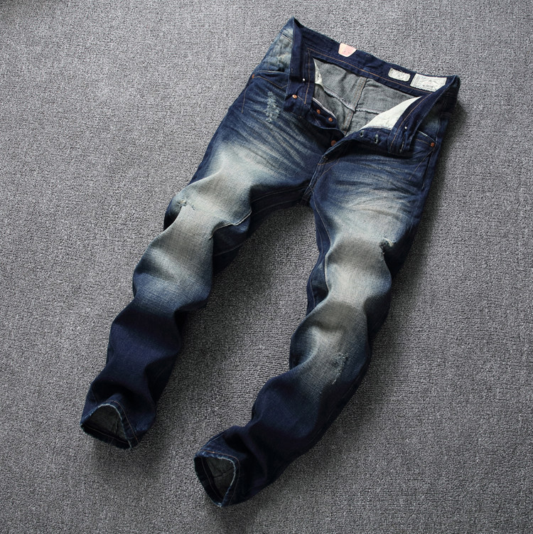 日韓潮款男裝複古懷舊重洗水破洞磨白錐型小腳修身藍色九分牛仔褲在類目 男裝, 牛仔褲中 - 來自Buy2taobao.com提供專業的淘寶代購服務