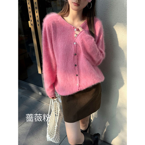 雾感拉绒蚕丝羊毛羊绒女针织开衫