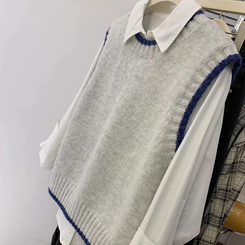 拼色马甲韩系秋冬坎肩马甲圆领