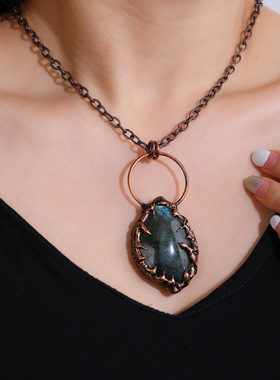 复古风闪光石拉长石不规则欧美流行朋克吊坠毛衣项链