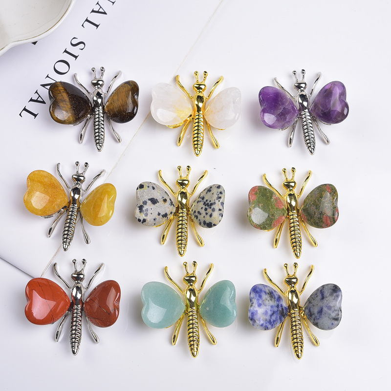 天然水晶玉石爱心蝴蝶蜻蜓摆件玛瑙桃心翅膀微观动物DIY装饰