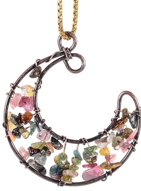 创意合金镂空弯月框缠绕天然水晶碎石吊坠时尚个性月牙形水晶吊坠