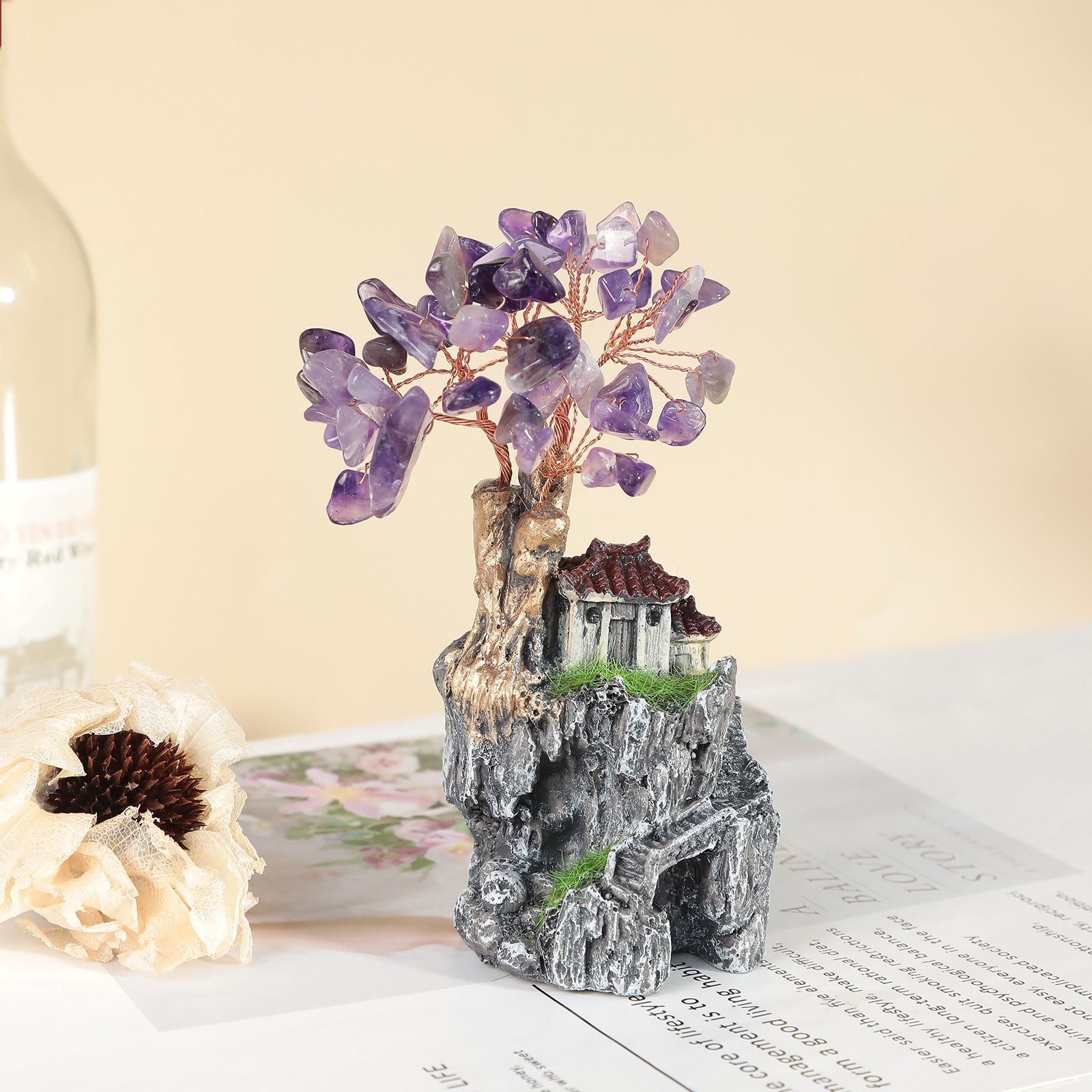 天然水晶创意款树脂小房子景观发财树摆件紫晶黄晶工艺品装饰摆件