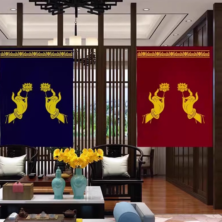 佛手拈花吉祥门帘定制 禅意隔断帘 茶室半帘 佛龛布帘 金色佛帘