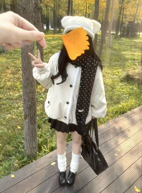 【波点杏韵】甜系可爱少女波点毛呢外套+校供感JK短裙+围巾三件套