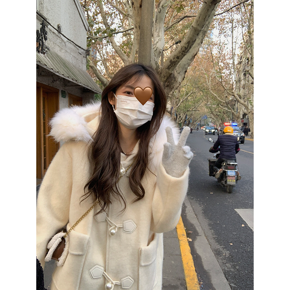 毛呢外套女中长款小个子2022秋冬加厚连帽毛领百搭显瘦呢子大衣潮