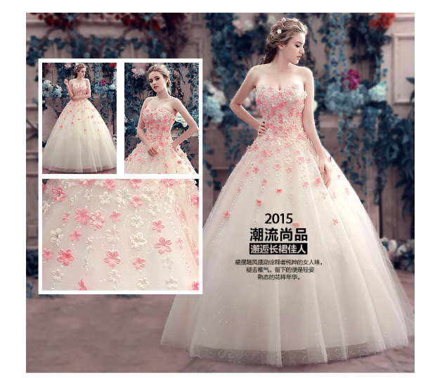 【出租】彩色手工花朵婚纱礼服孕妇齐地抹胸新娘结婚显瘦礼服婚纱