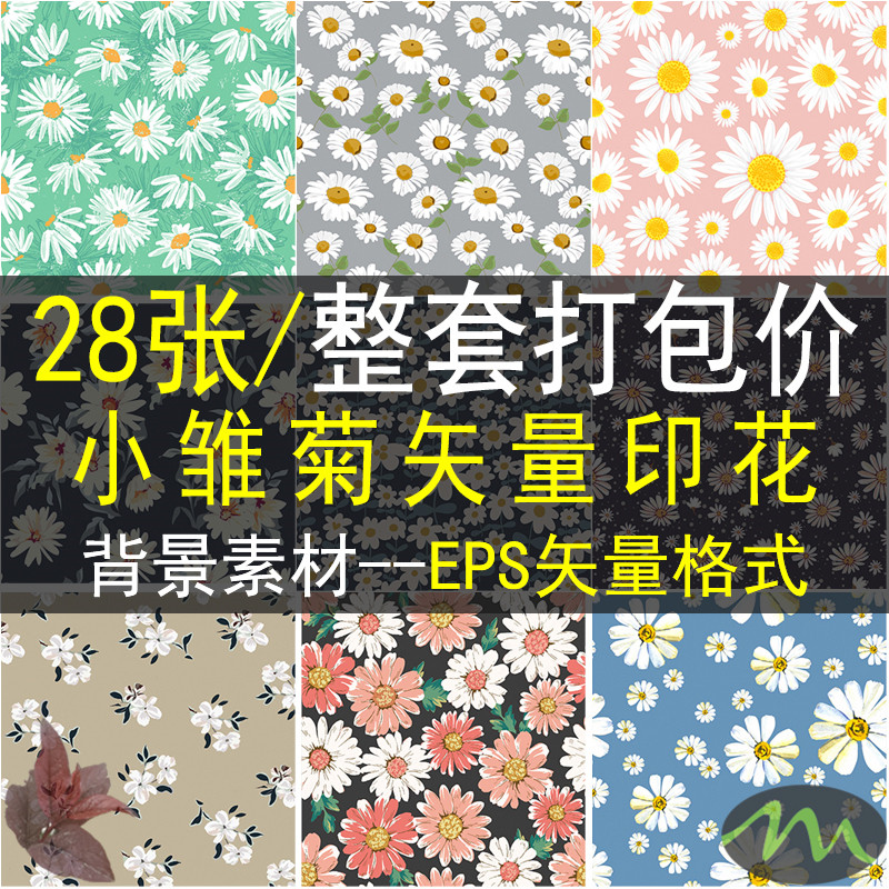 小菊花小雏菊热转印印花矢量图片高清素材花卉抱枕地毯衣服连衣裙