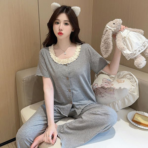 睡衣女夏季莫代尔性感带胸垫短袖长裤条纹高级感家居服套装可外穿