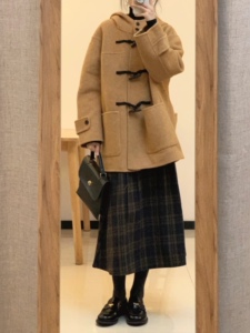 韩系羊毛呢子大衣女秋冬季小个子中长款双面羊绒加厚连帽毛呢外套