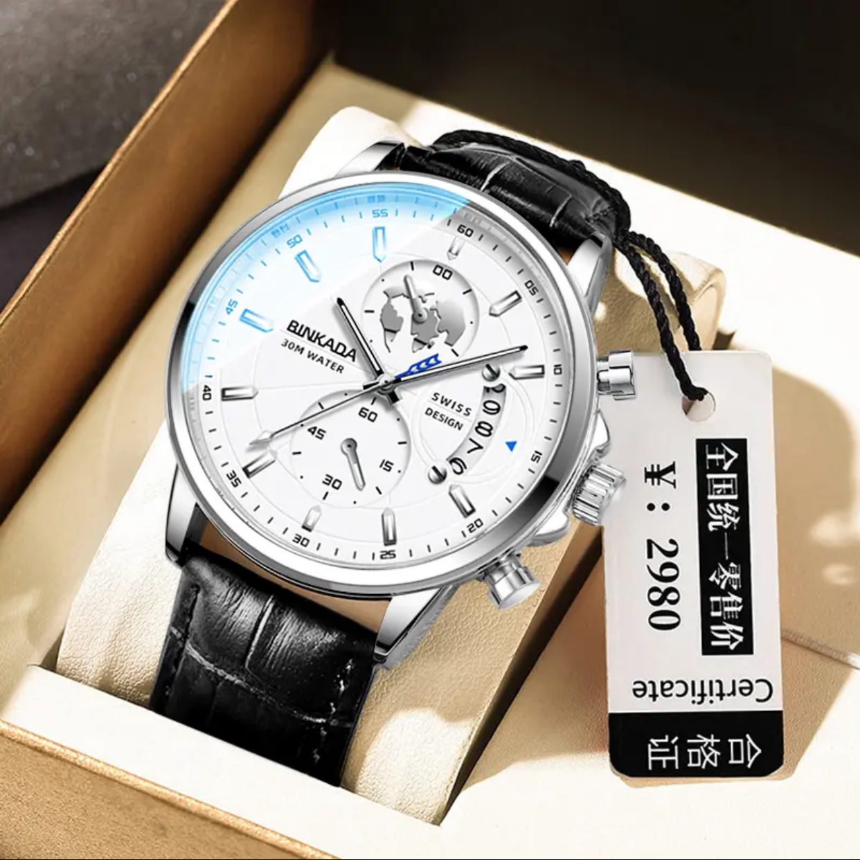 宾卡达男士冒险家多功能防水夜光日历手表三眼六针时尚十大腕表