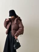 新款 欧美肯豆风连帽面包羽绒服女短款 2023冬季 90白鸭绒小个子外套