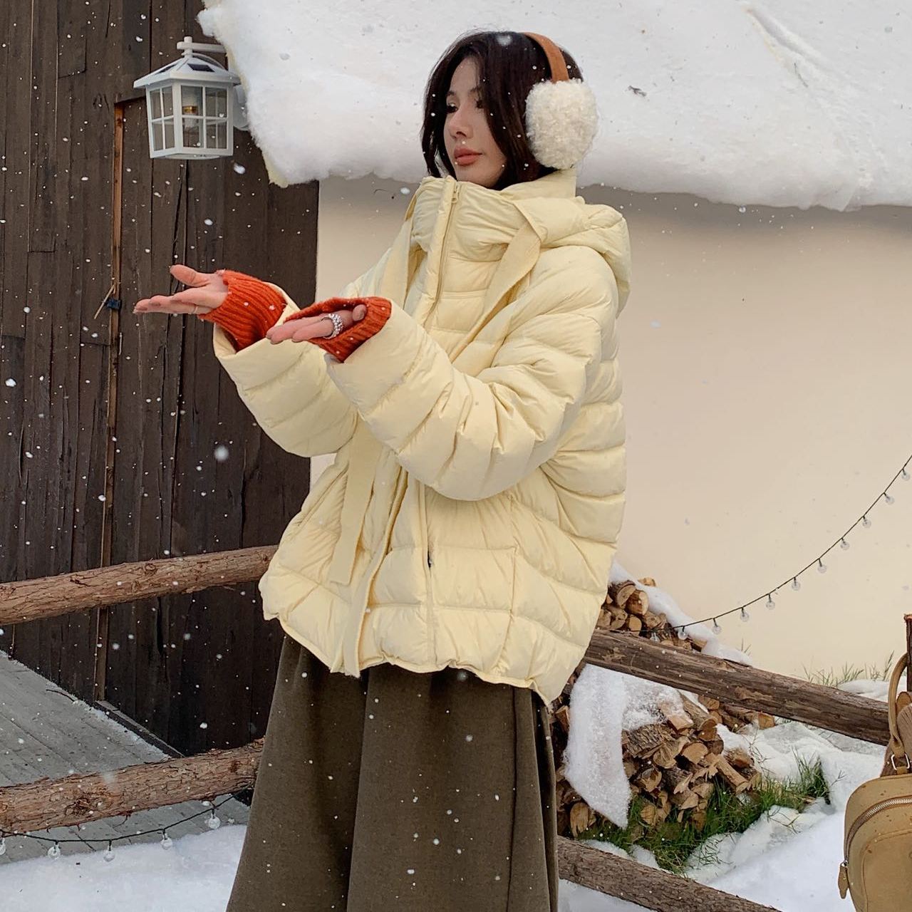 韩系飘带排骨羽绒服女中长款2025冬季新款设计感宽松白鸭绒外套潮