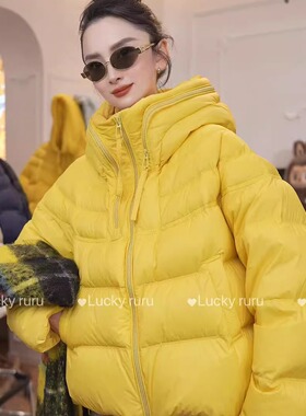 韩版泡芙连帽面包羽绒服女短款2025新款宽松保暖斗篷白鸭绒子外套